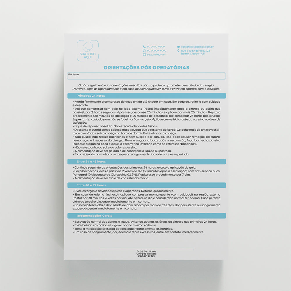 Orientações Pós Operatório Odontológico | Modelo 001