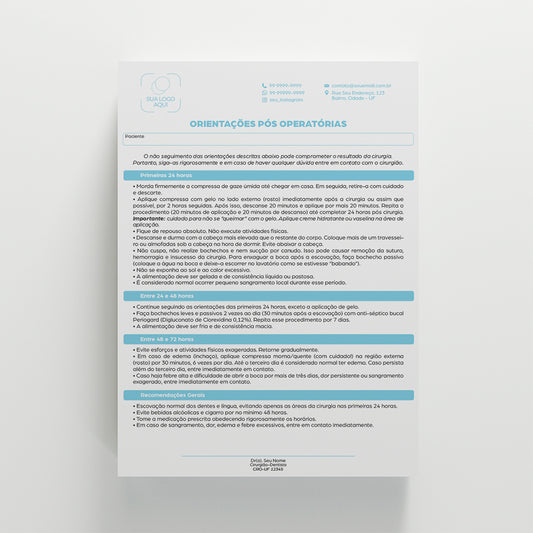 Orientações Pós Operatório Odontológico | Modelo 001