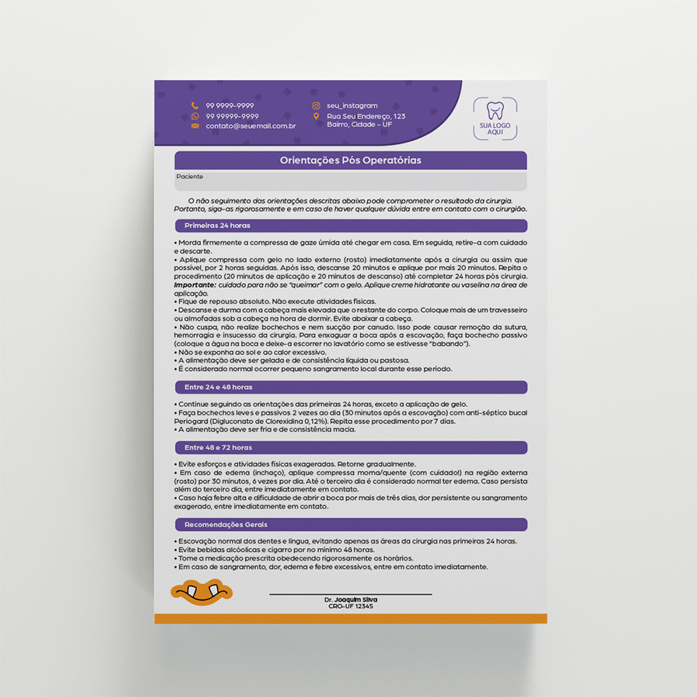 Orientações Pós Operatório Odontológico | Modelo 005